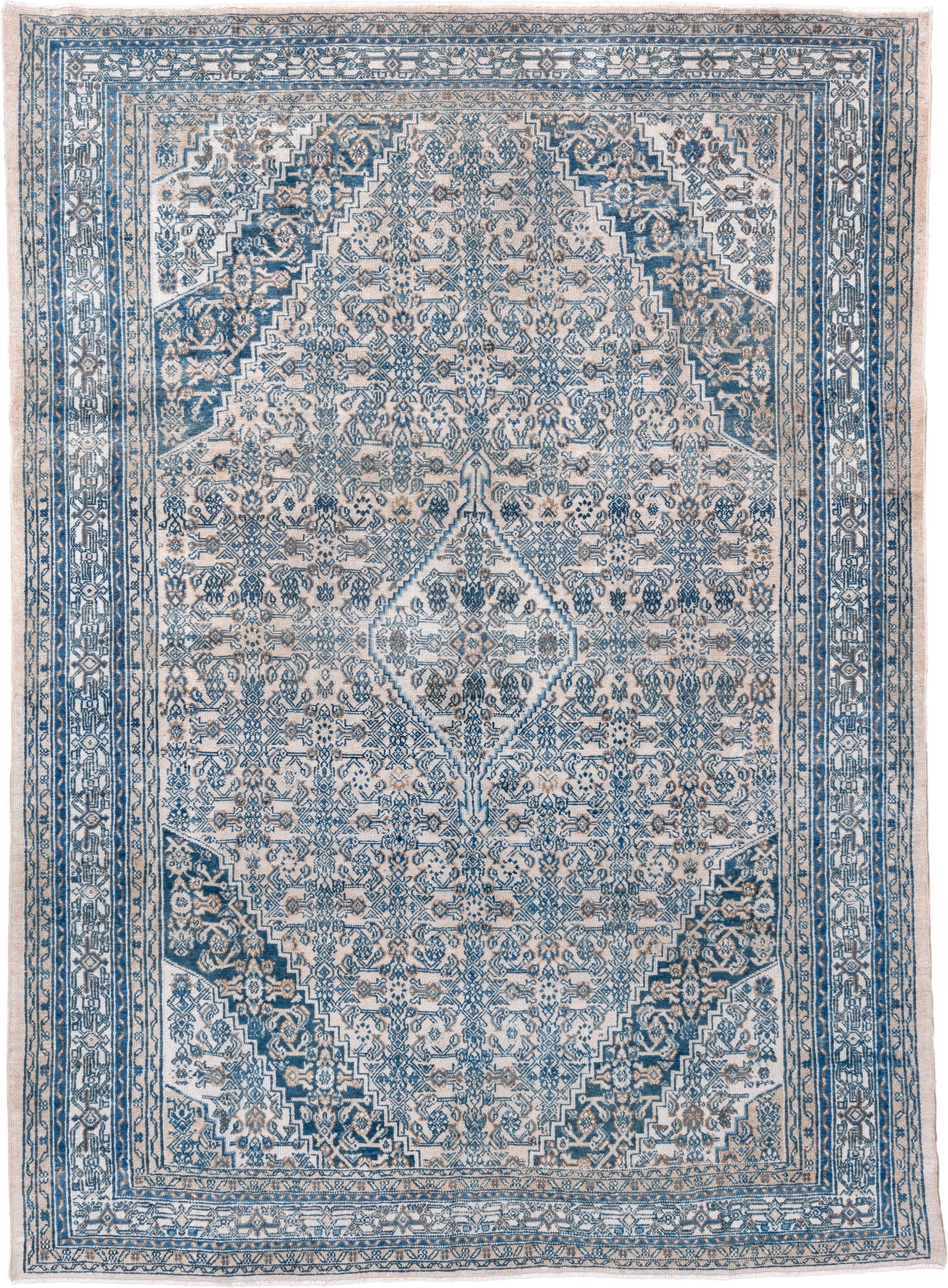 8' x 11' one-of-a-kind handmade vintage Hamadan large size rug. Color palette: ivory, blue, slate, taupe, beige, gray