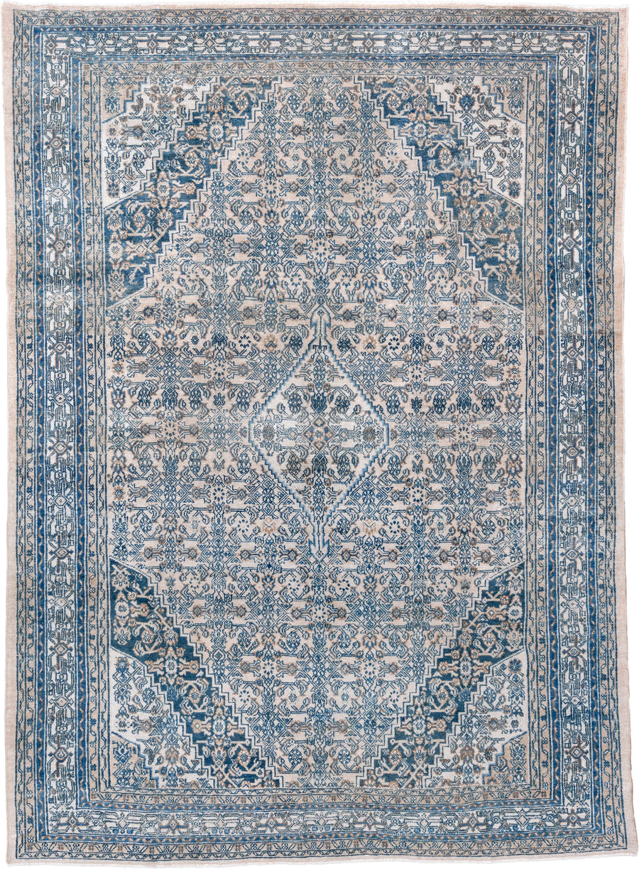 8' x 11' one-of-a-kind handmade vintage Hamadan large size rug. Color palette: ivory, blue, slate, taupe, beige, gray