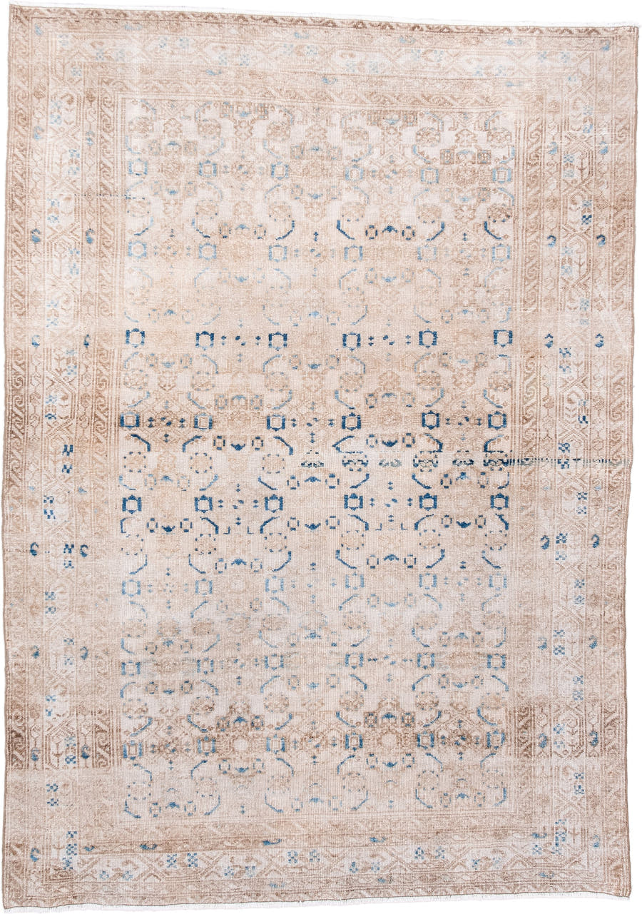 4' x 6' one-of-a-kind handmade antique Hamadan small size rug. Color palette: ivory, beige, sky_blue, taupe, camel