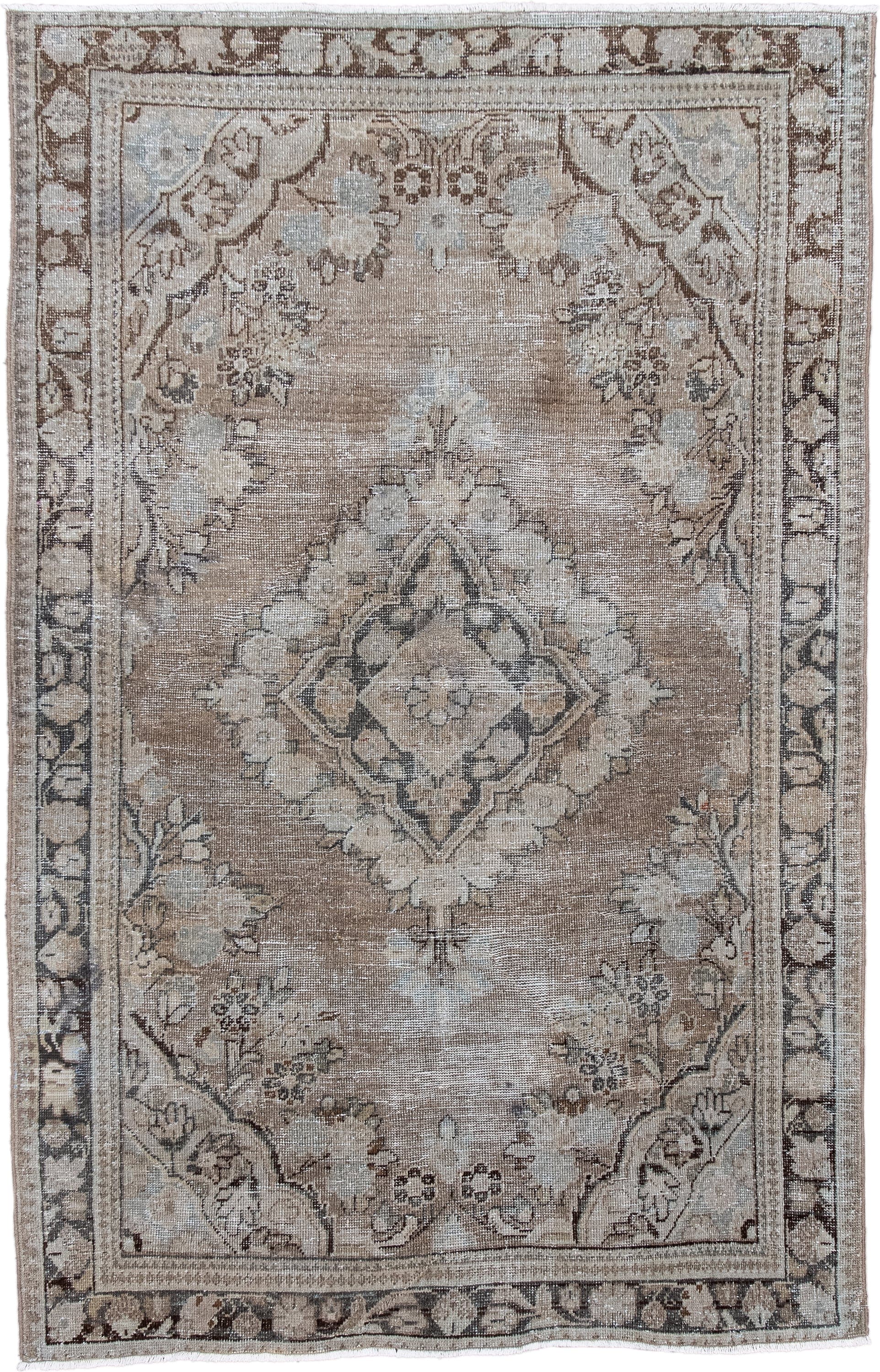 4' x 6' one-of-a-kind handmade vintage Mahal small size rug. Color palette: taupe, ivory, brown, pale blue, beige, charcoal