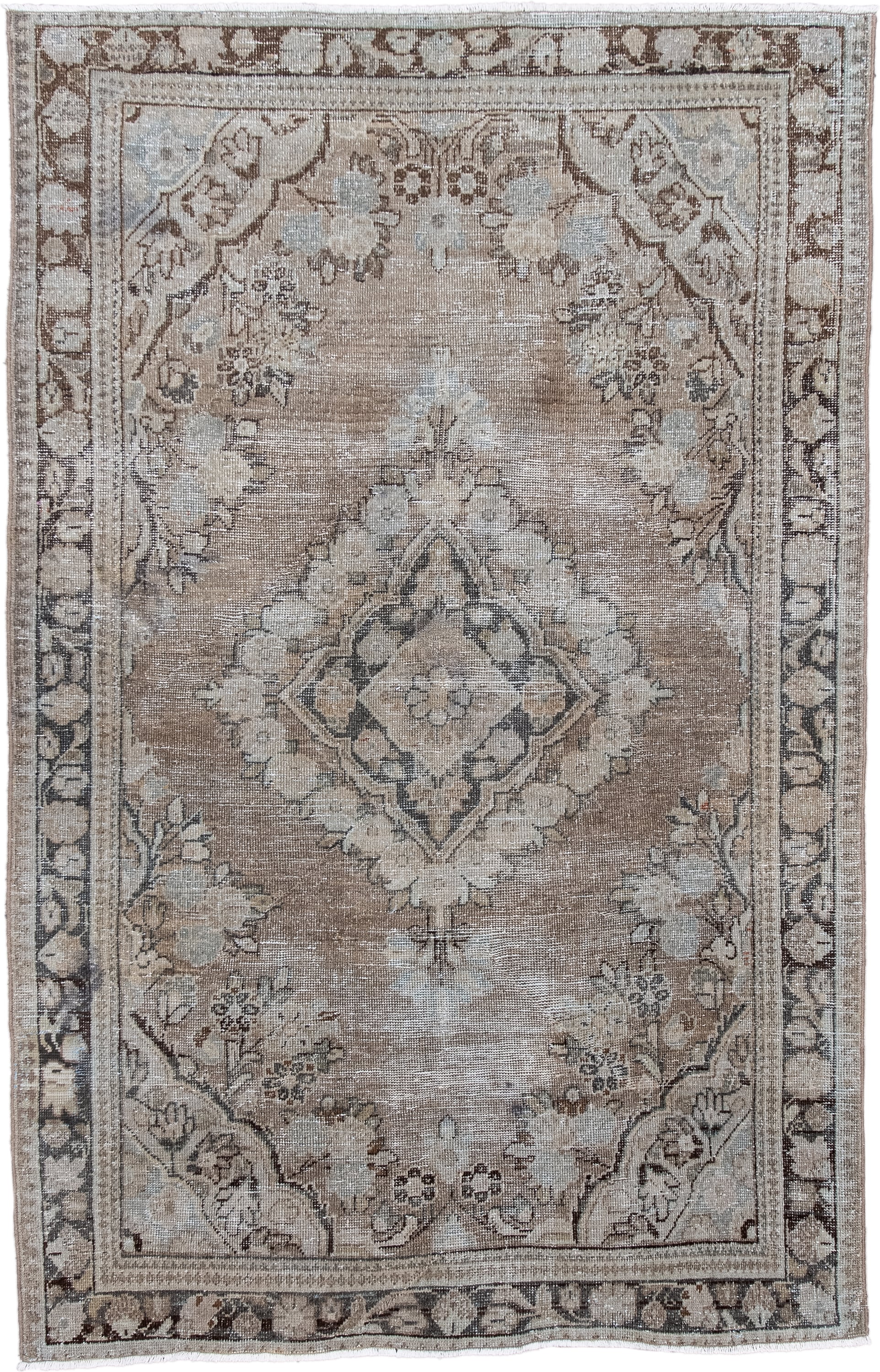4' x 6' one-of-a-kind handmade vintage Mahal small size rug. Color palette: taupe, ivory, brown, pale blue, beige, charcoal
