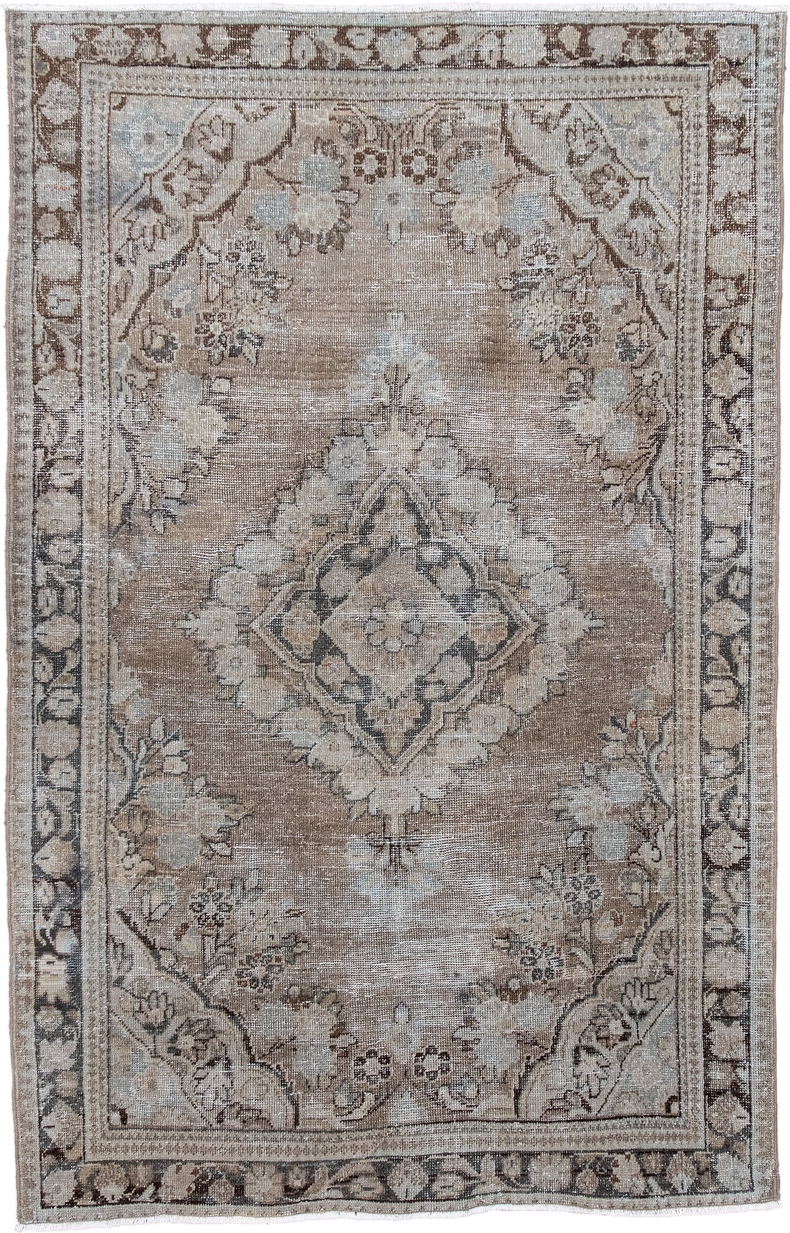 4' x 6' one-of-a-kind handmade vintage Mahal small size rug. Color palette: taupe, ivory, brown, pale blue, beige, charcoal