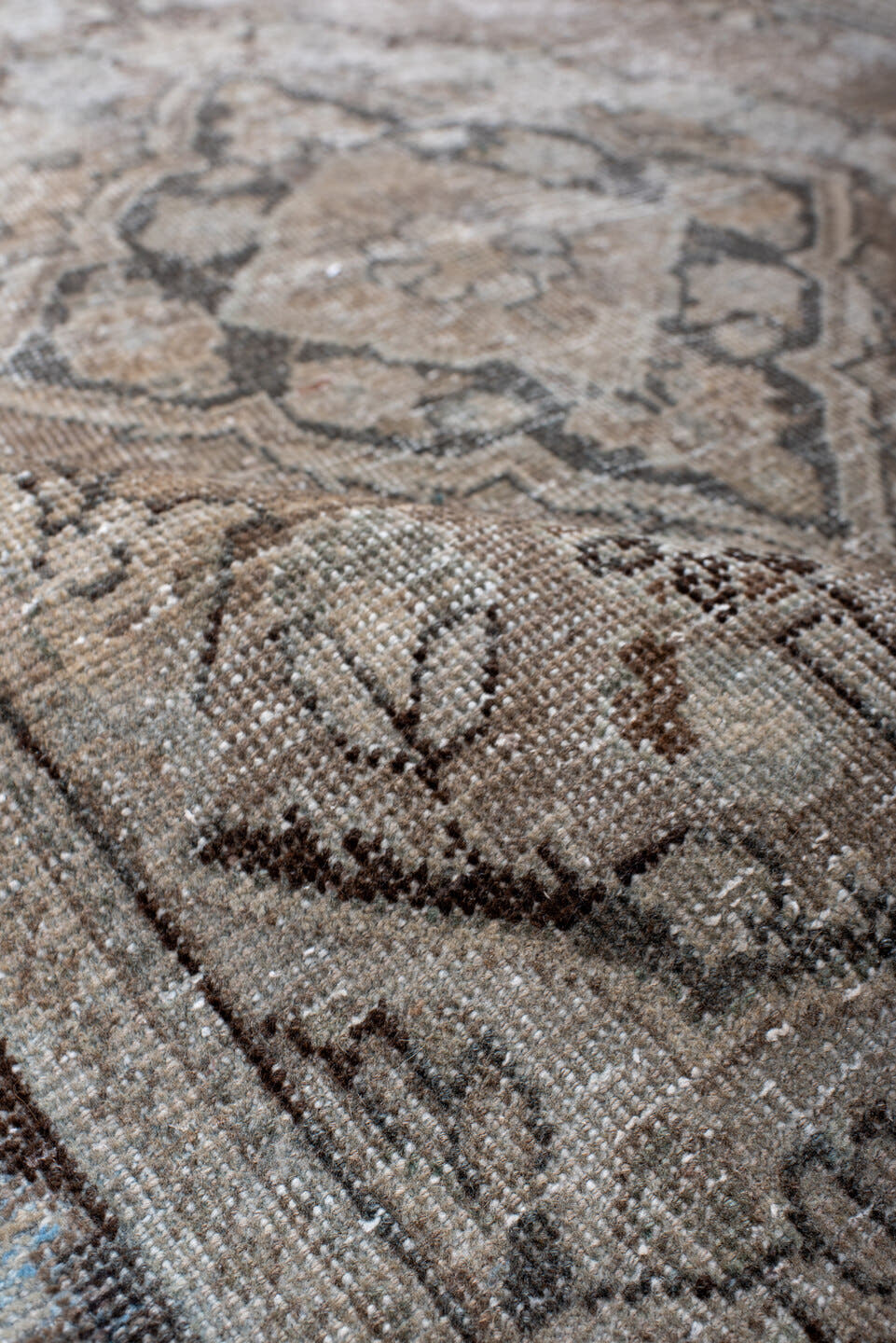 4' x 6' one-of-a-kind handmade vintage Mahal small size rug. Color palette: taupe, ivory, brown, pale blue, beige, charcoal
