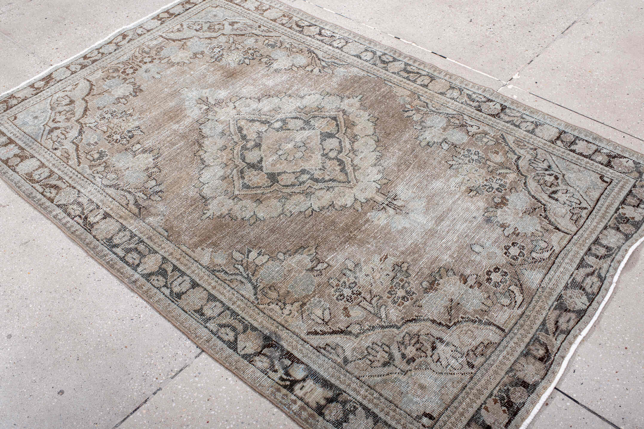 4' x 6' one-of-a-kind handmade vintage Mahal small size rug. Color palette: taupe, ivory, brown, pale blue, beige, charcoal