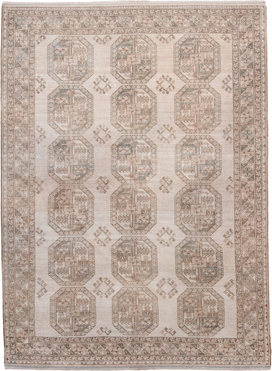 7' x 10' one-of-a-kind handmade antique Afghan large size rug. Color palette: ivory, taupe, sand, sage, camel, pewter, beige