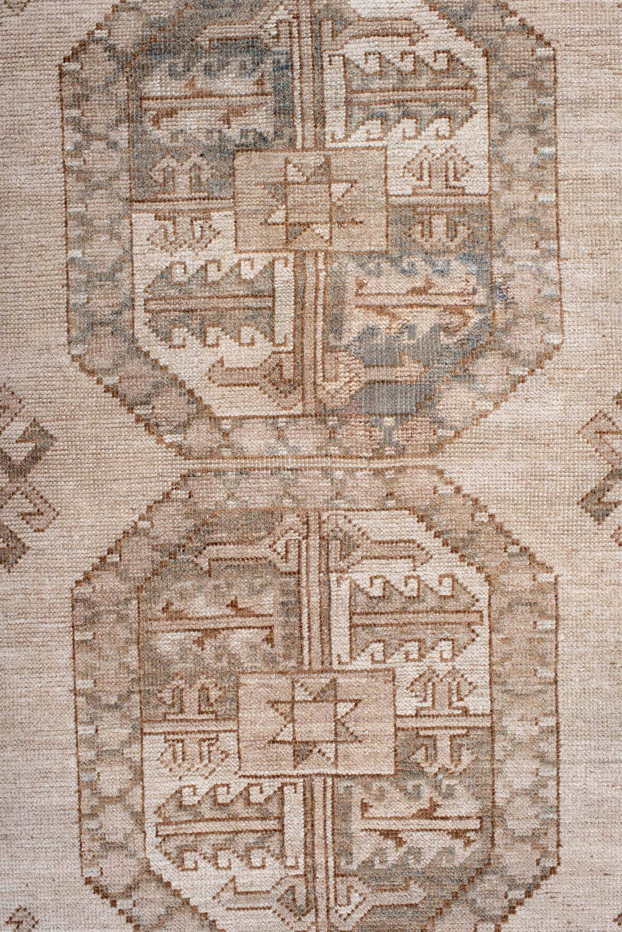 7' x 10' one-of-a-kind handmade antique Afghan large size rug. Color palette: ivory, taupe, sand, sage, camel, pewter, beige