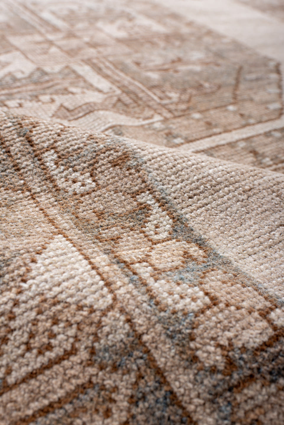 7' x 10' one-of-a-kind handmade antique Afghan large size rug. Color palette: ivory, taupe, sand, sage, camel, pewter, beige