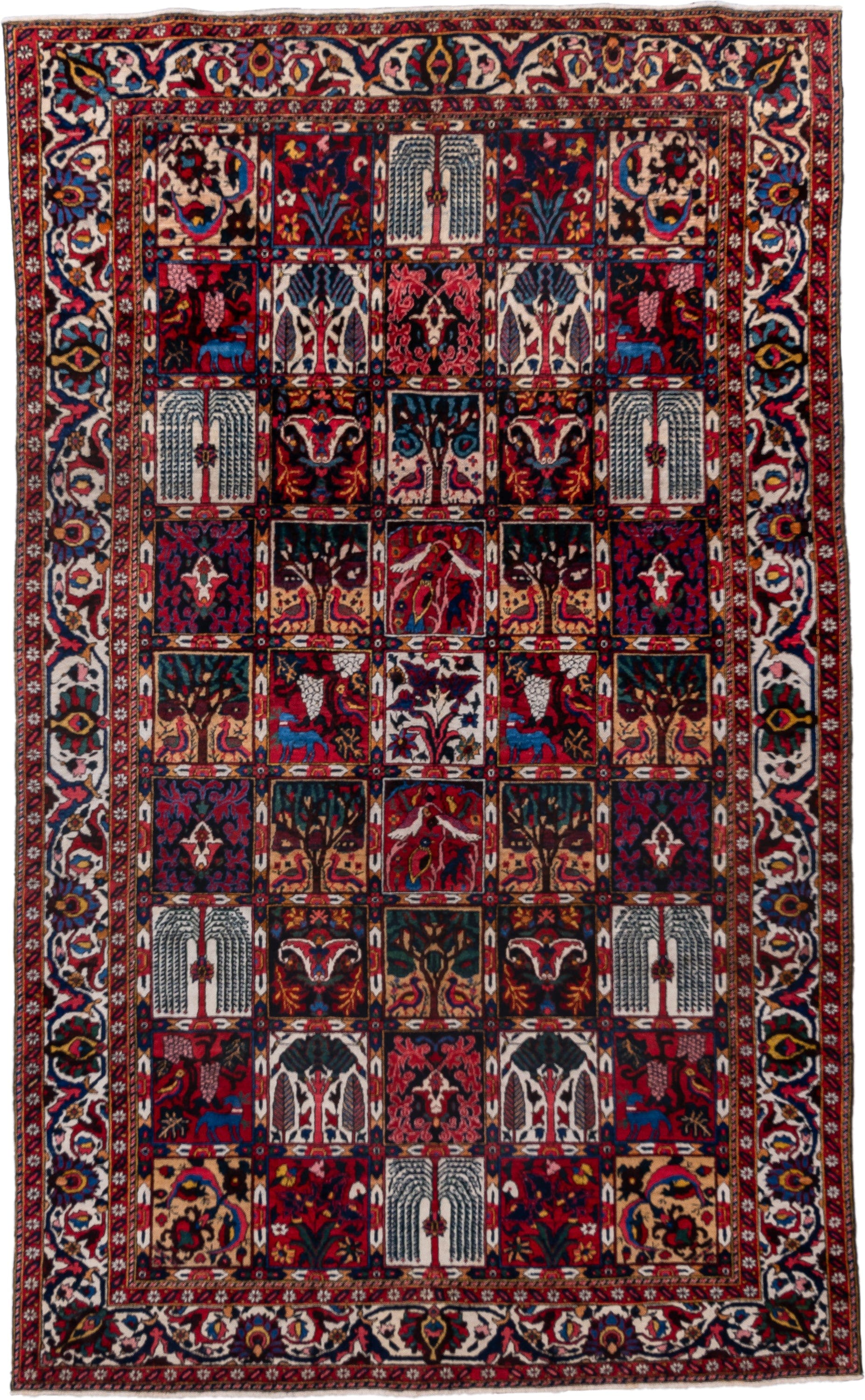 5' x 8' one-of-a-kind handmade antique Baktiary medium size rug. Color palette: red, navy, ivory, burgundy, cobalt, camel