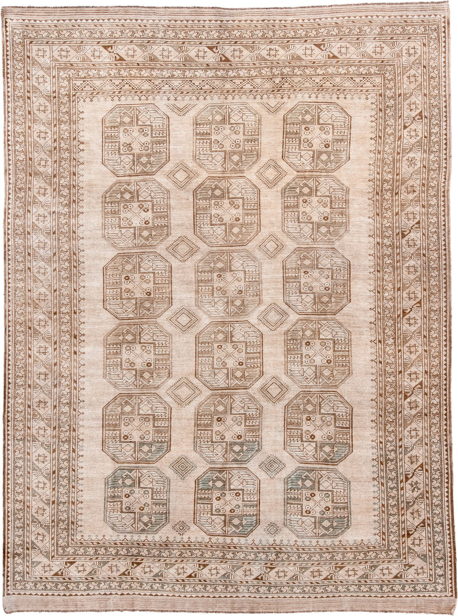 8' x 11' one-of-a-kind handmade antique Afghan large size rug. Color palette: ivory, taupe, camel, beige, sand, sage, gray