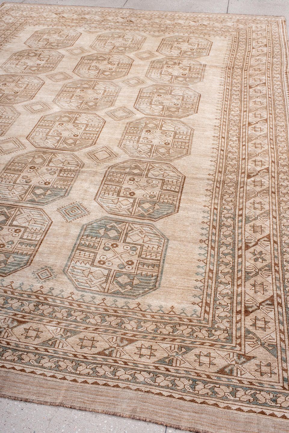 8' x 11' one-of-a-kind handmade antique Afghan large size rug. Color palette: ivory, taupe, camel, beige, sand, sage, gray