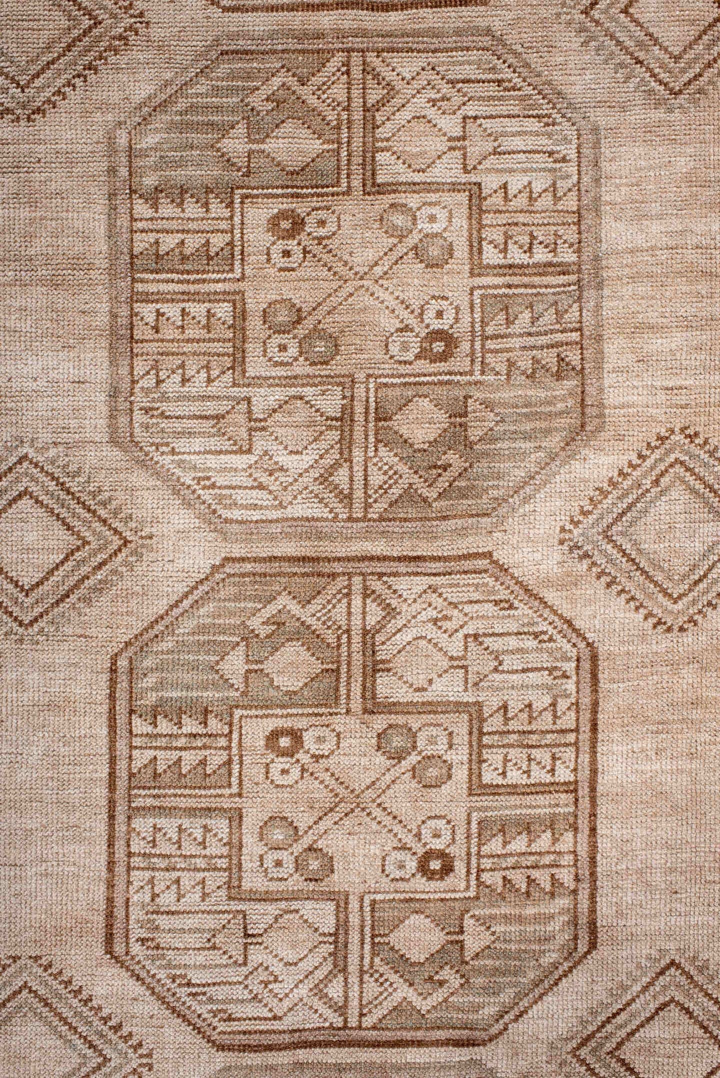 8' x 11' one-of-a-kind handmade antique Afghan large size rug. Color palette: ivory, taupe, camel, beige, sand, sage, gray