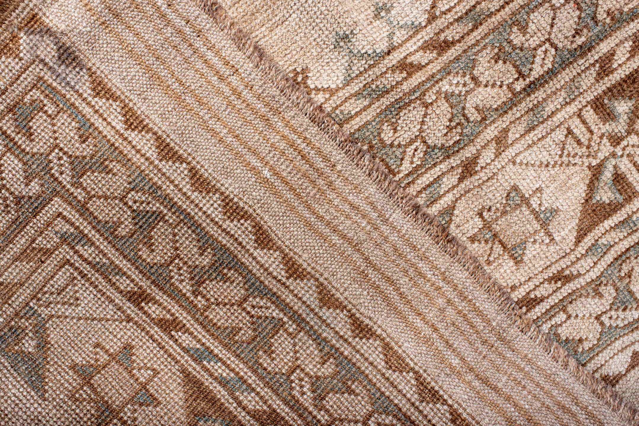 8' x 11' one-of-a-kind handmade antique Afghan large size rug. Color palette: ivory, taupe, camel, beige, sand, sage, gray