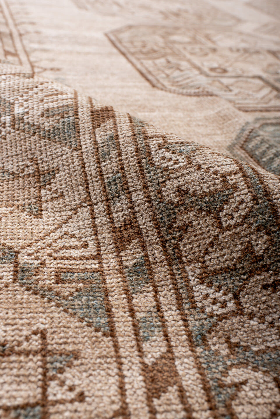 8' x 11' one-of-a-kind handmade antique Afghan large size rug. Color palette: ivory, taupe, camel, beige, sand, sage, gray