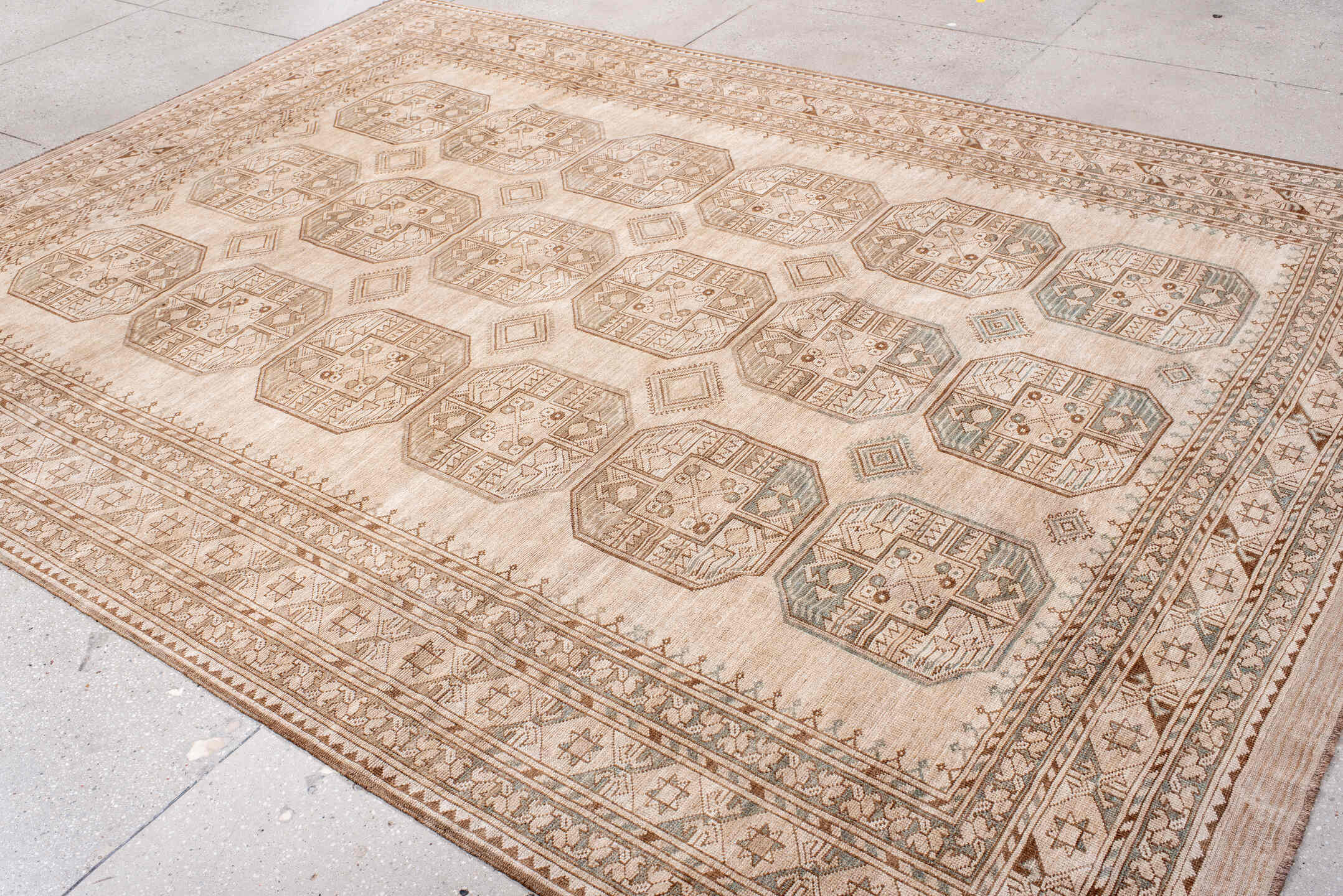 8' x 11' one-of-a-kind handmade antique Afghan large size rug. Color palette: ivory, taupe, camel, beige, sand, sage, gray