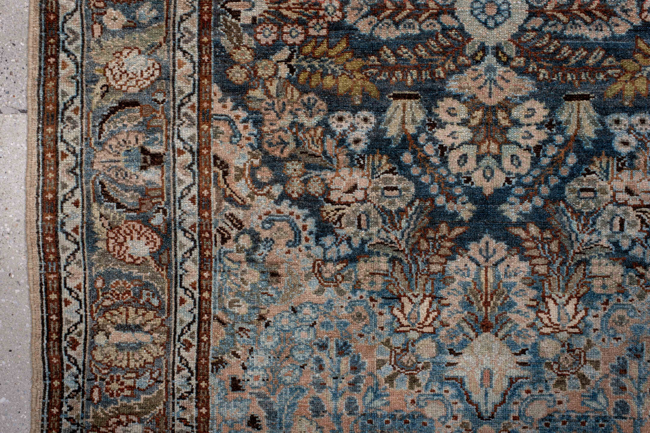 4' x 7' one-of-a-kind handmade vintage Hamadan rug. Color palette: arapawa, blue, brown, dark gray, dim gray, gray