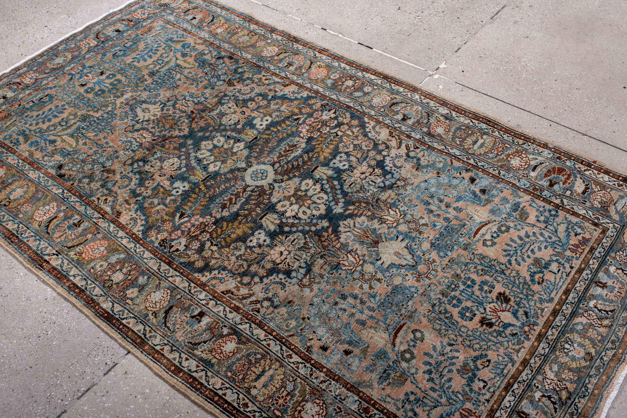 4' x 7' one-of-a-kind handmade vintage Hamadan rug. Color palette: arapawa, blue, brown, dark gray, dim gray, gray