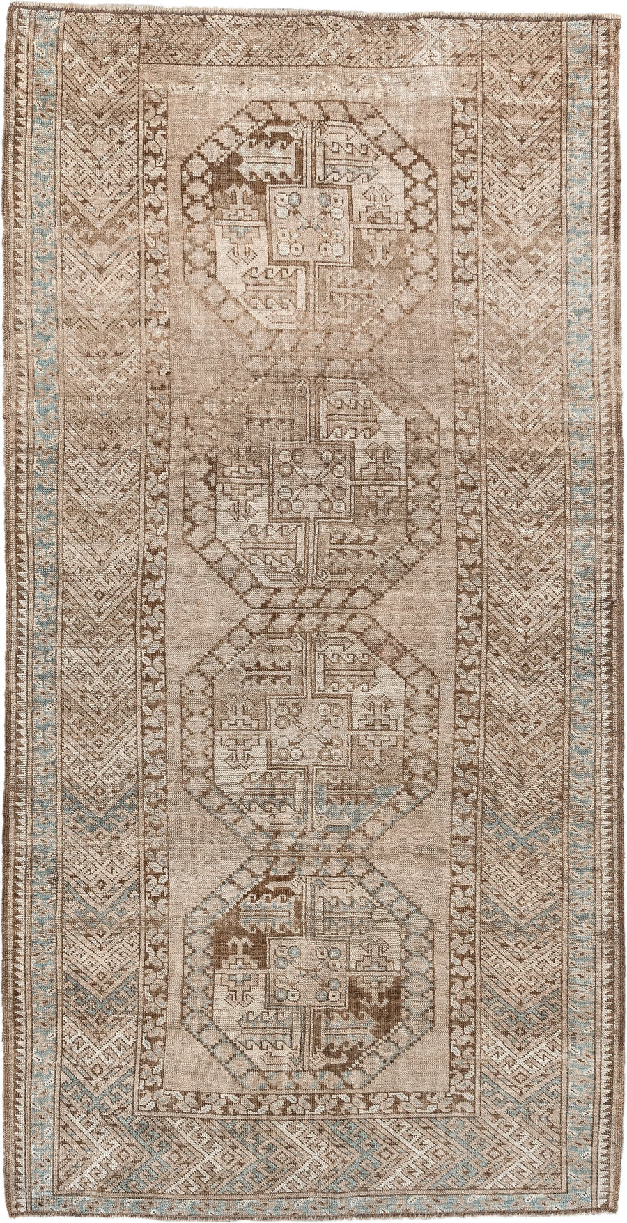 7' x 4' one-of-a-kind handmade vintage Afghan rug. Color palette: ivory, camel, taupe, light blue, brown, beige, gray
