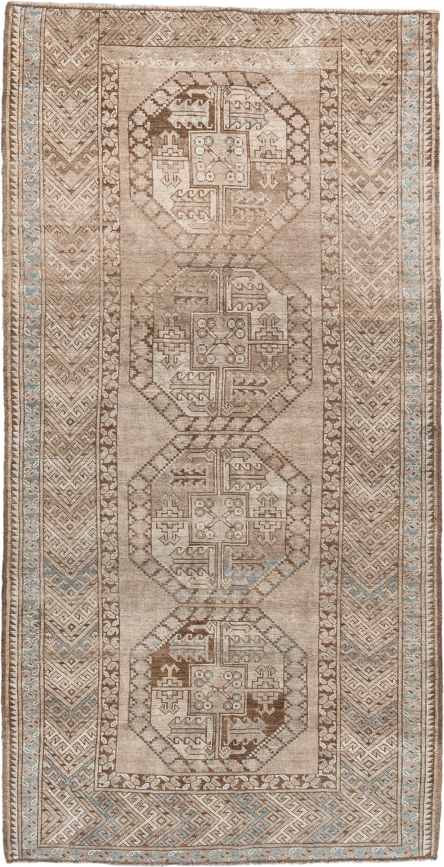 7' x 4' one-of-a-kind handmade vintage Afghan rug. Color palette: ivory, camel, taupe, light blue, brown, beige, gray