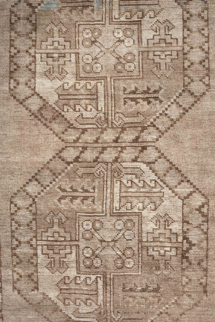 7' x 4' one-of-a-kind handmade vintage Afghan rug. Color palette: ivory, camel, taupe, light blue, brown, beige, gray