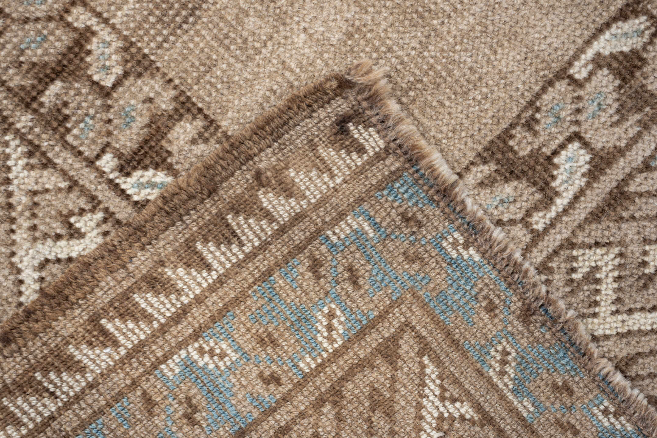 7' x 4' one-of-a-kind handmade vintage Afghan rug. Color palette: ivory, camel, taupe, light blue, brown, beige, gray