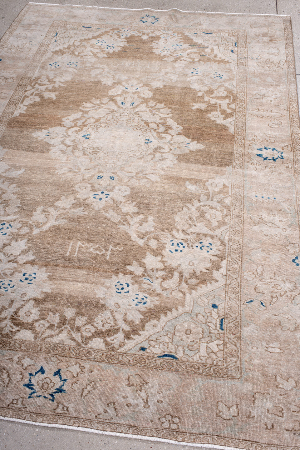 5' x 8' one-of-a-kind handmade antique Hamadan medium size rug. Color palette: ivory, taupe, beige, cobalt, cream, gray