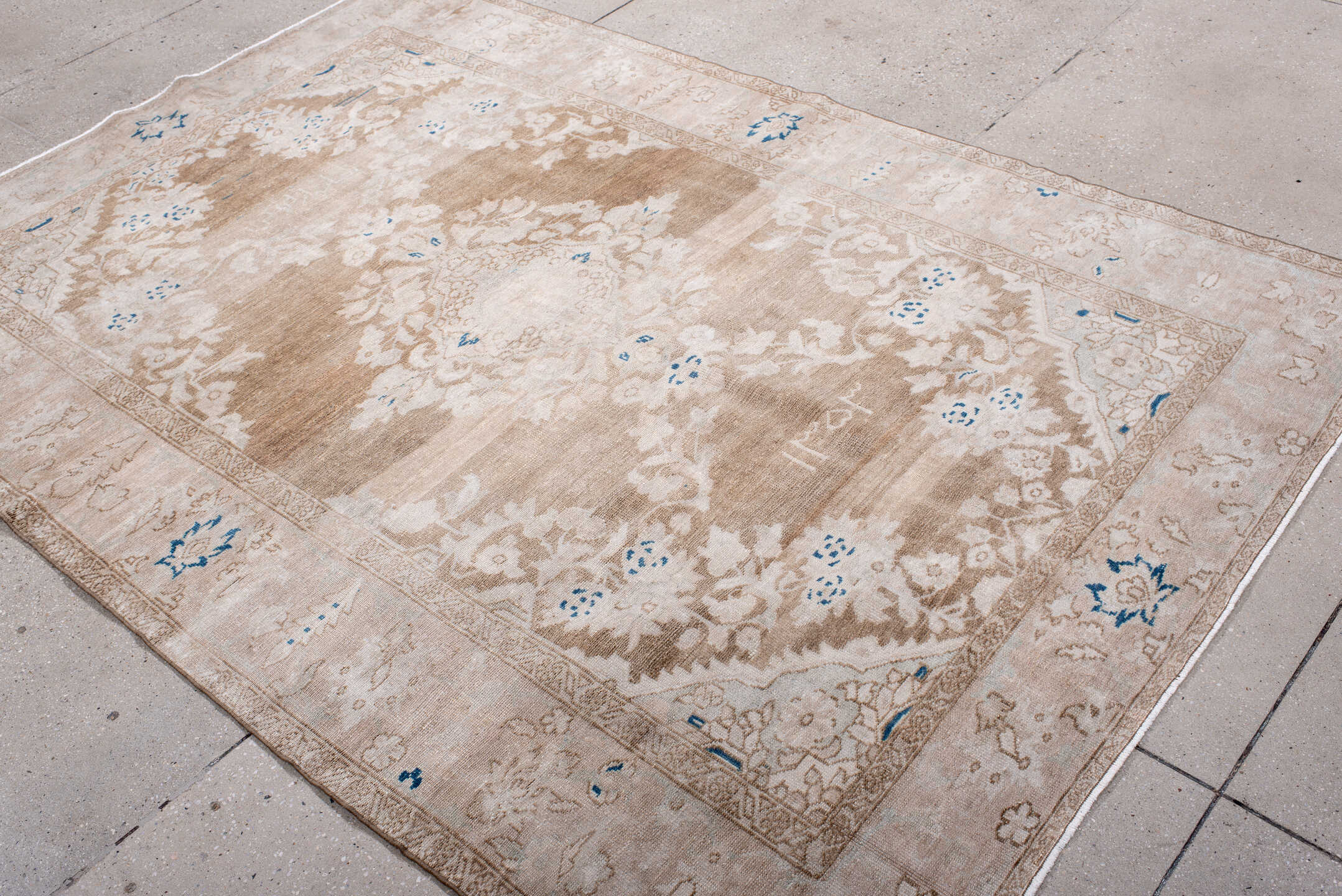 5' x 8' one-of-a-kind handmade antique Hamadan medium size rug. Color palette: ivory, taupe, beige, cobalt, cream, gray