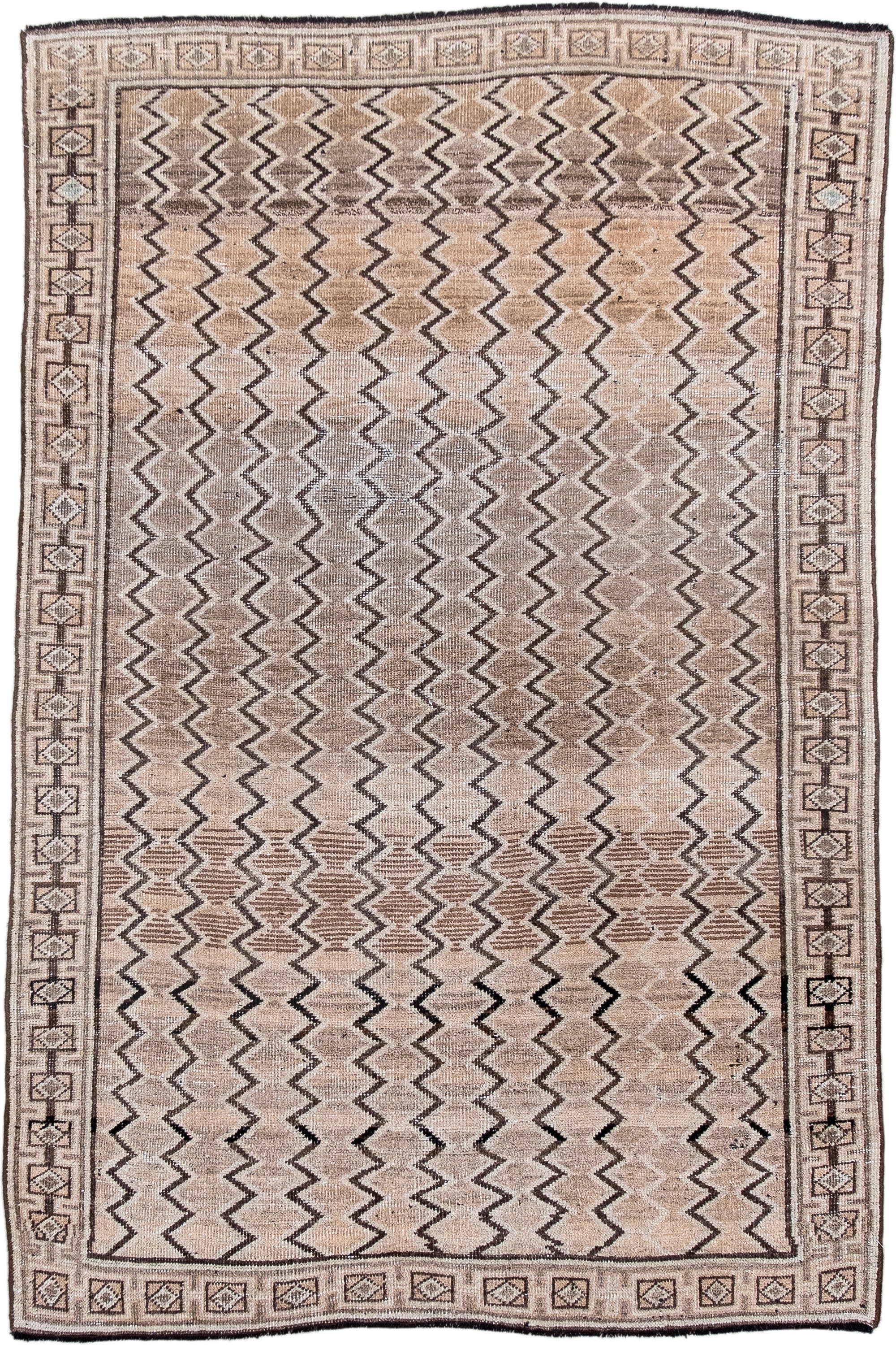 3' x 5' one-of-a-kind handmade antique Gabbe small size rug. Color palette: ivory, taupe, brown, charcoal, camel, beige