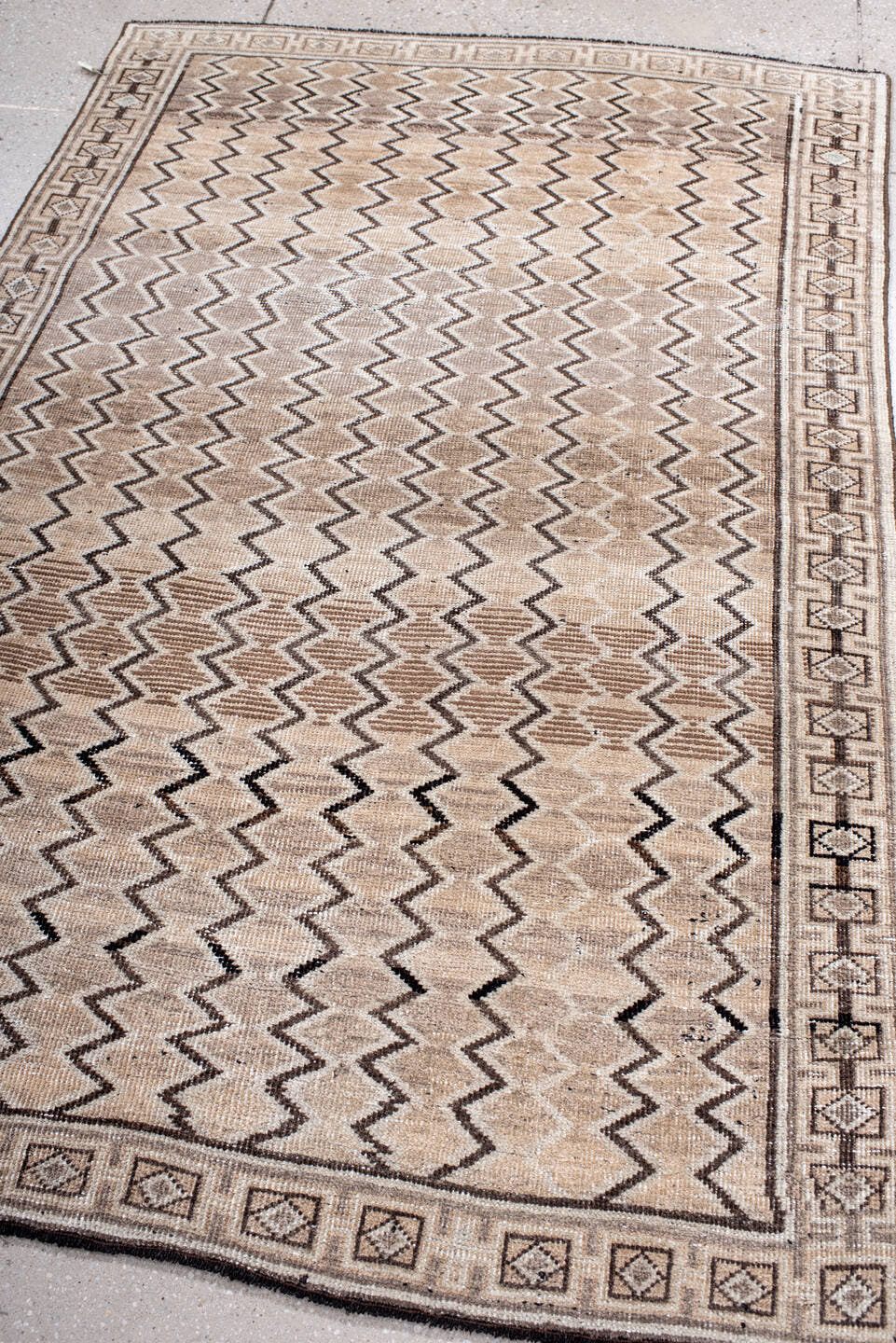 3' x 5' one-of-a-kind handmade antique Gabbe small size rug. Color palette: ivory, taupe, brown, charcoal, camel, beige