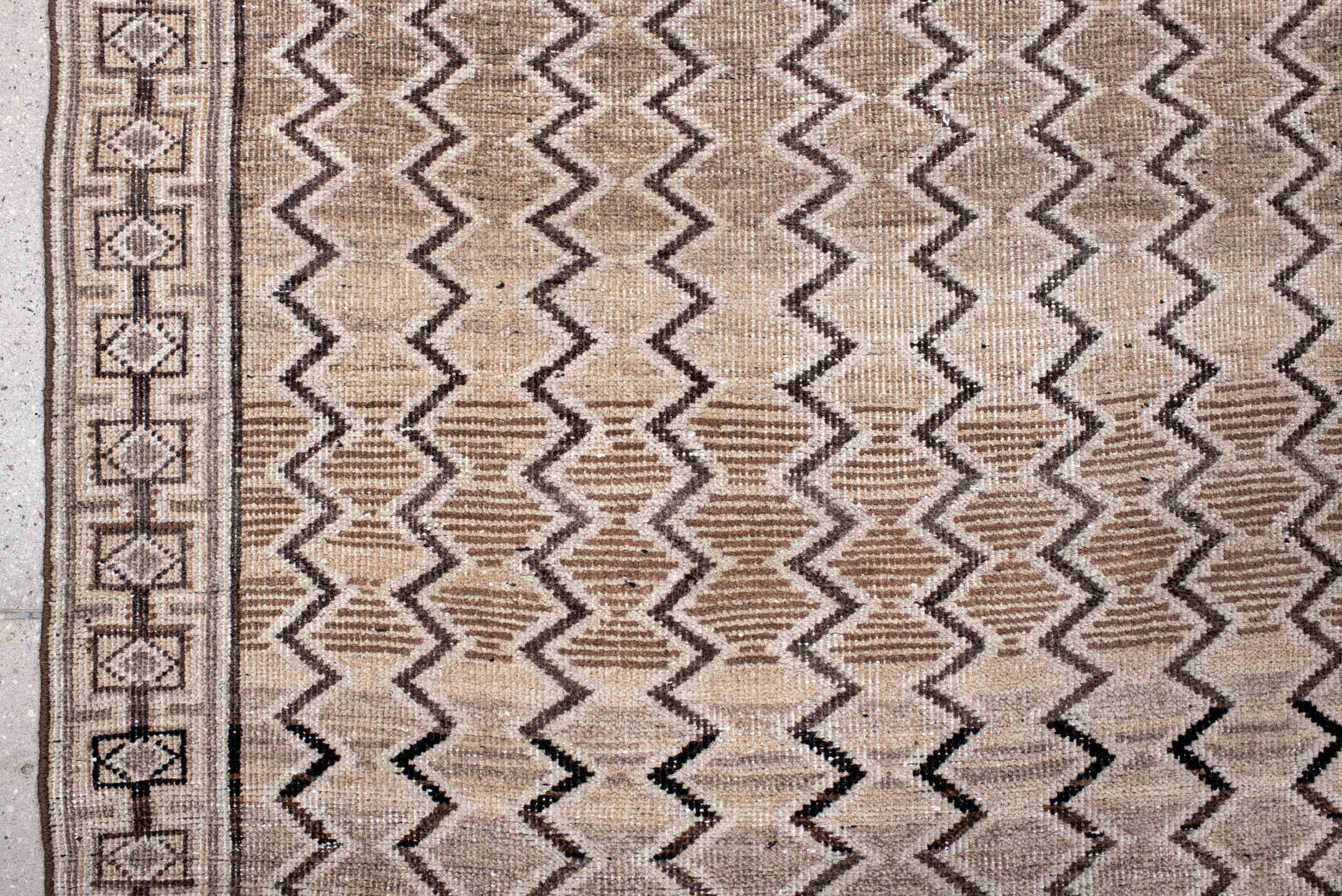 3' x 5' one-of-a-kind handmade antique Gabbe small size rug. Color palette: ivory, taupe, brown, charcoal, camel, beige