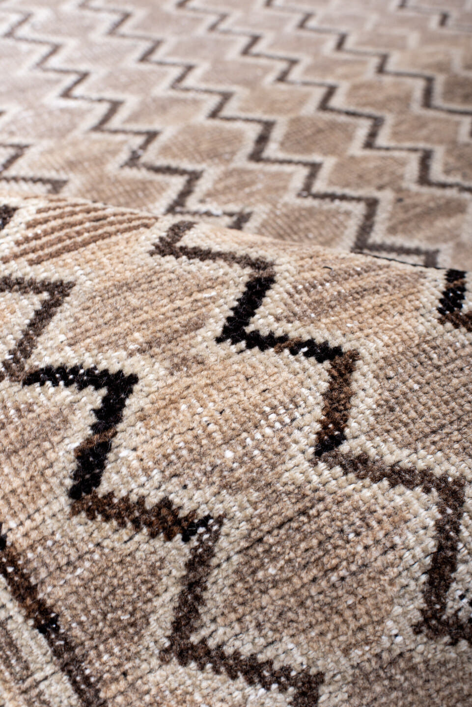 3' x 5' one-of-a-kind handmade antique Gabbe small size rug. Color palette: ivory, taupe, brown, charcoal, camel, beige