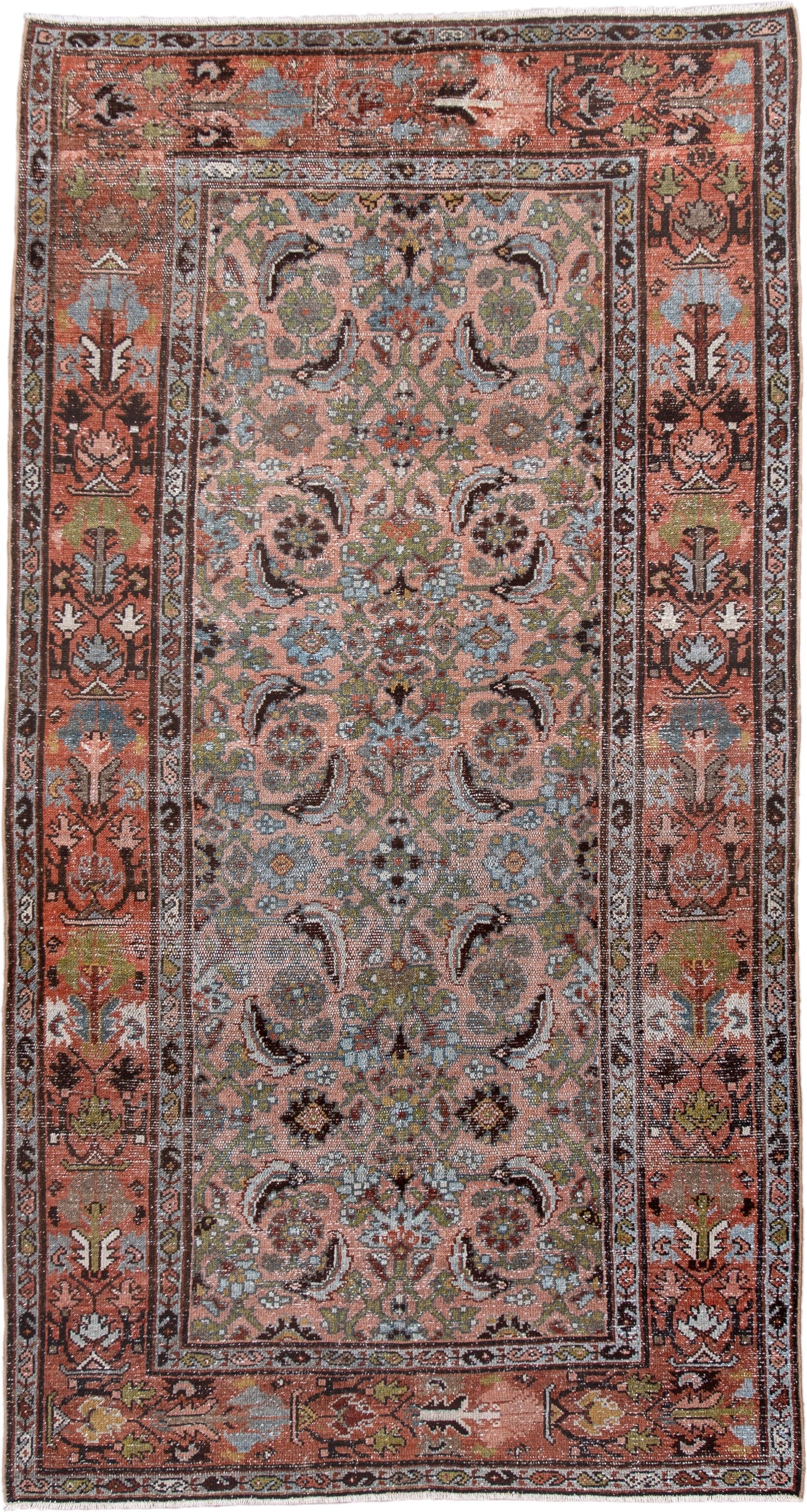 3' x 6' one-of-a-kind handmade antique Hamadan small size rug. Color palette: rose, terra cotta, sky blue, ivory, olive