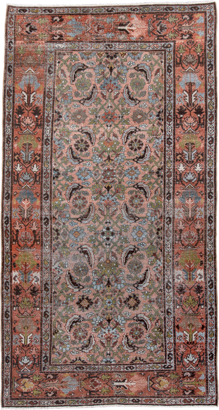 3' x 6' one-of-a-kind handmade antique Hamadan small size rug. Color palette: rose, terra cotta, sky blue, ivory, olive