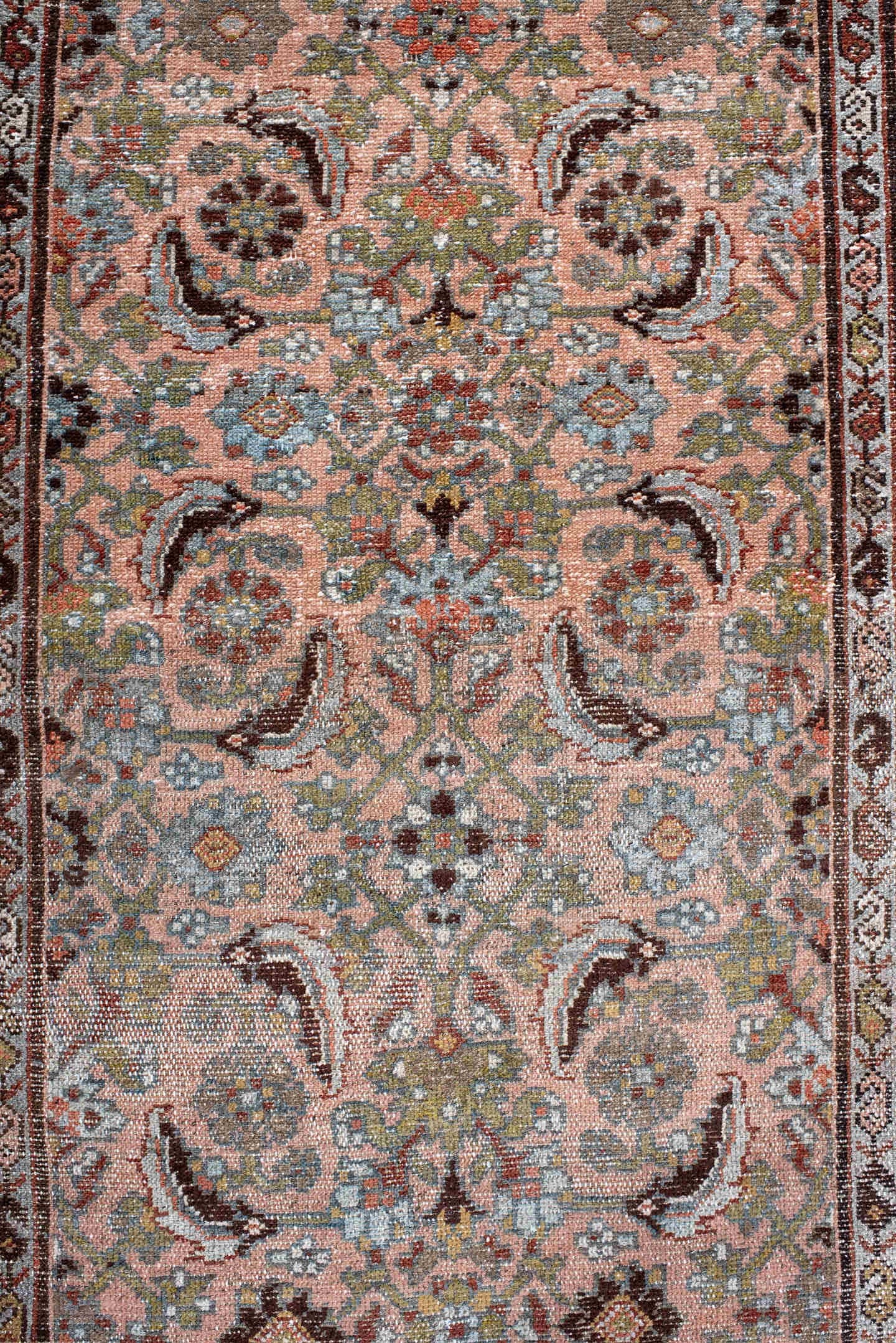 3' x 6' one-of-a-kind handmade antique Hamadan small size rug. Color palette: rose, terra cotta, sky blue, ivory, olive