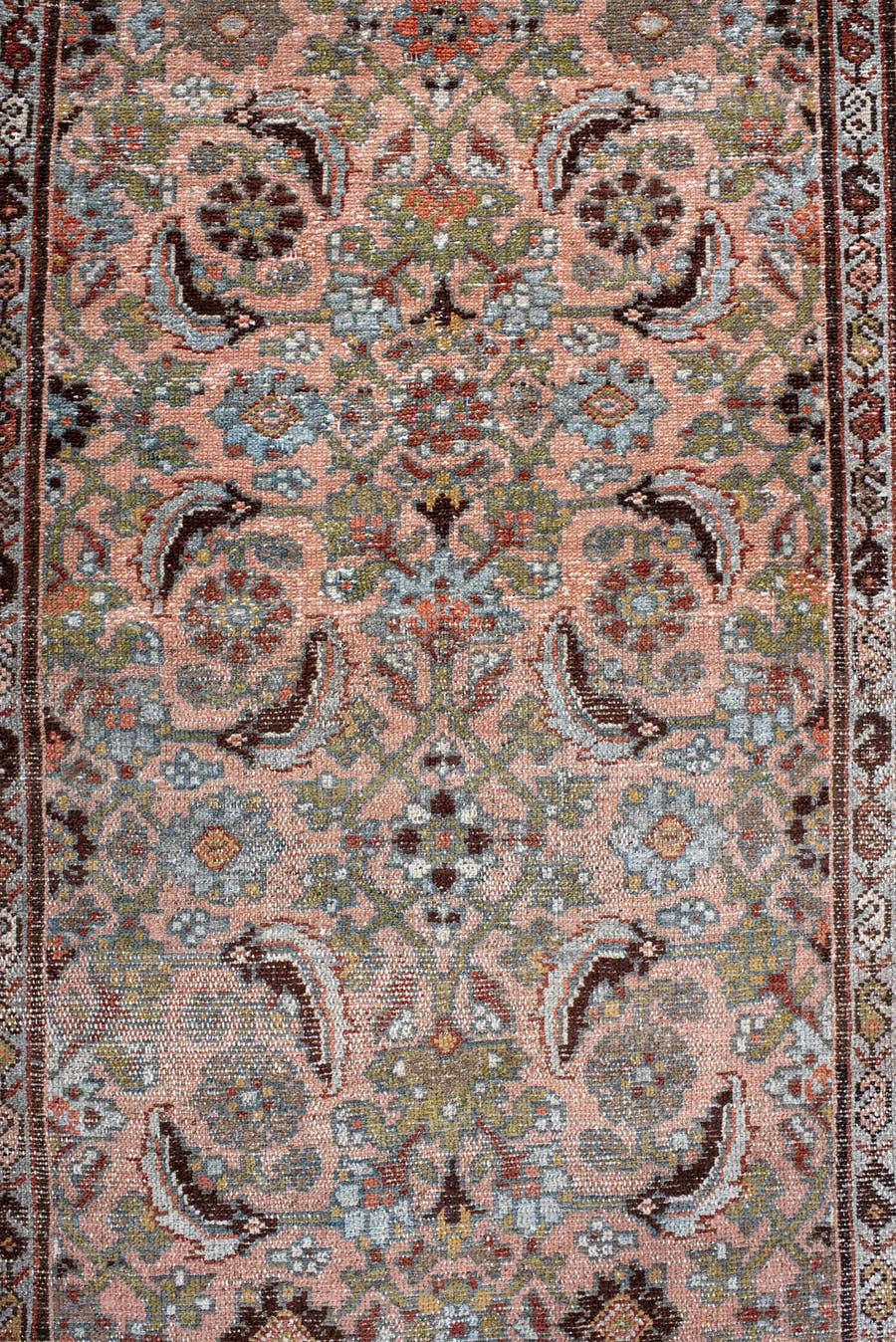3' x 6' one-of-a-kind handmade antique Hamadan small size rug. Color palette: rose, terra cotta, sky blue, ivory, olive