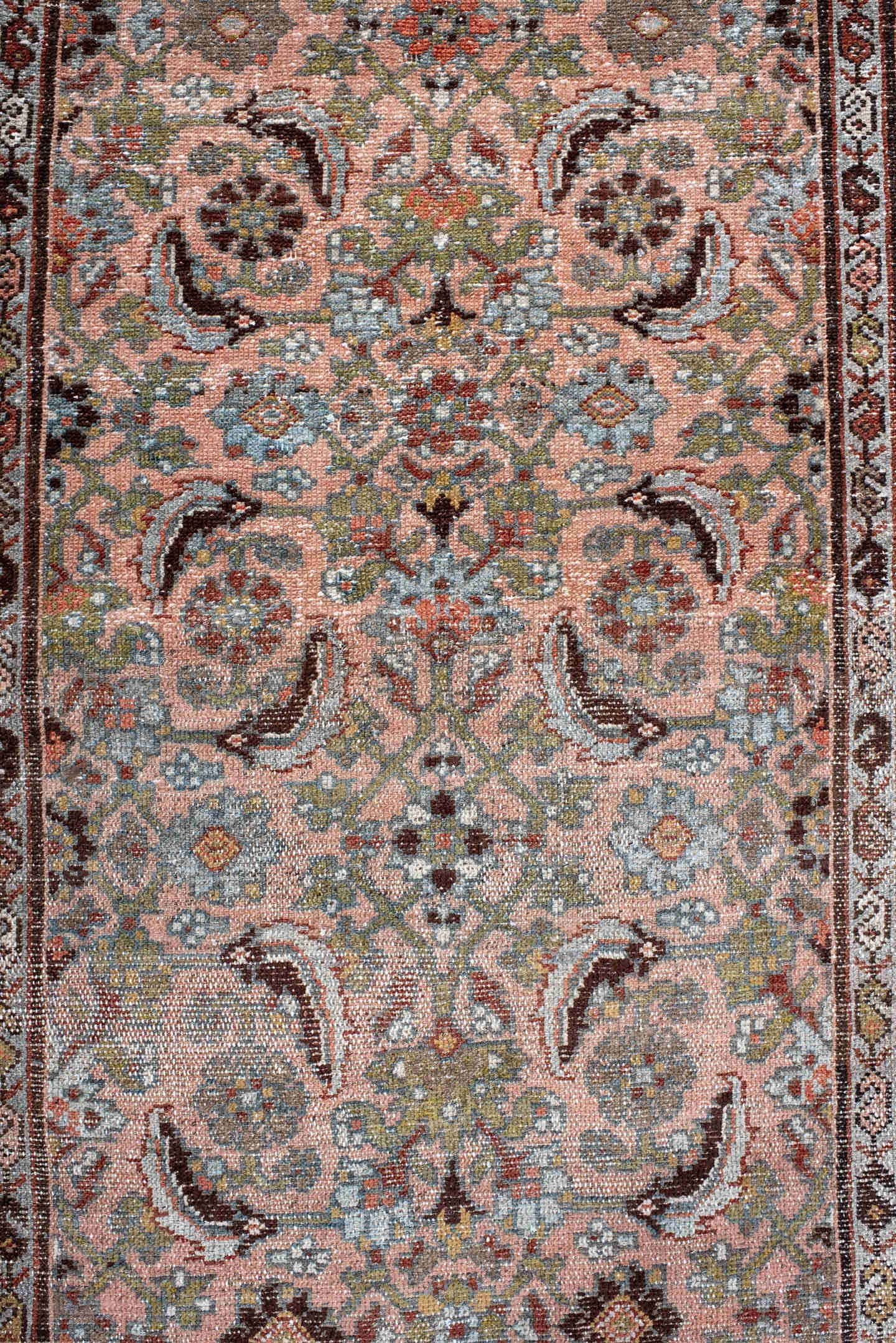 3' x 6' one-of-a-kind handmade antique Hamadan small size rug. Color palette: rose, terra cotta, sky blue, ivory, olive