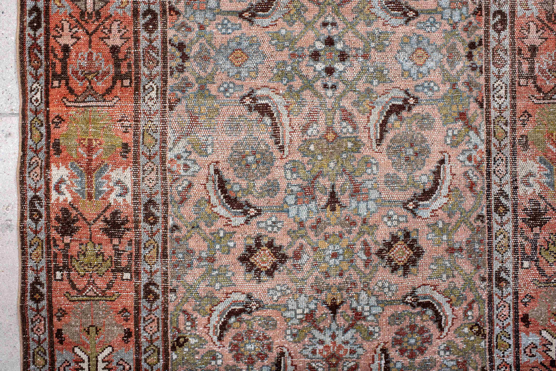 3' x 6' one-of-a-kind handmade antique Hamadan small size rug. Color palette: rose, terra cotta, sky blue, ivory, olive