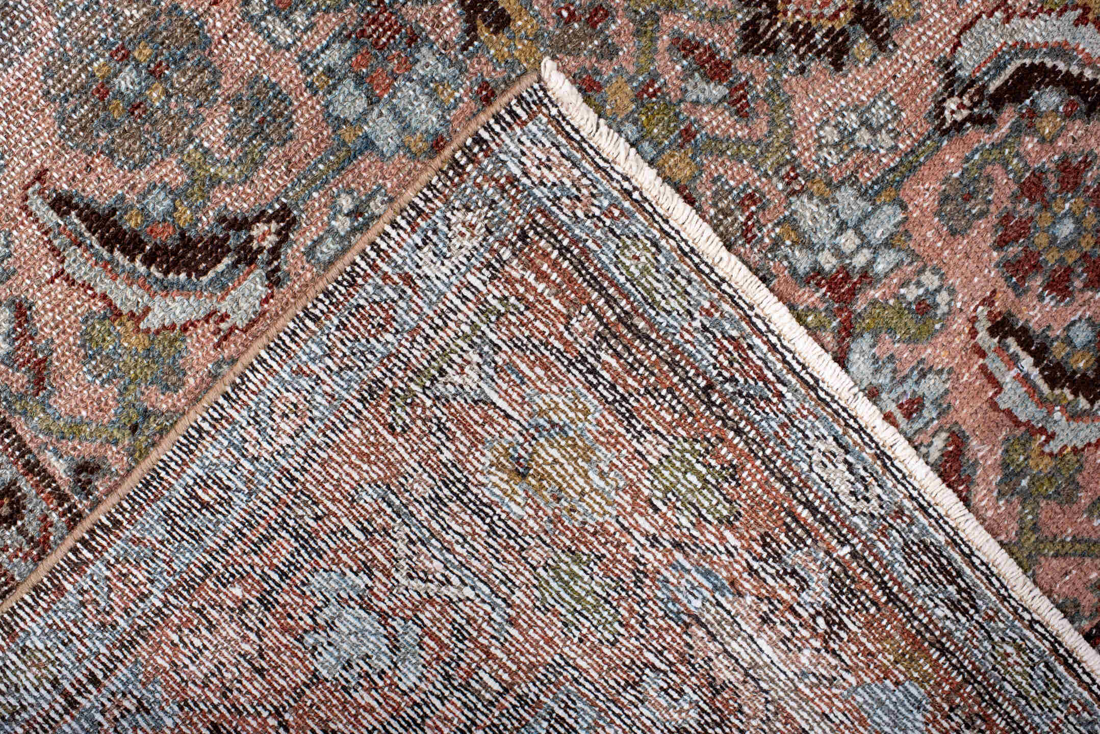 3' x 6' one-of-a-kind handmade antique Hamadan small size rug. Color palette: rose, terra cotta, sky blue, ivory, olive
