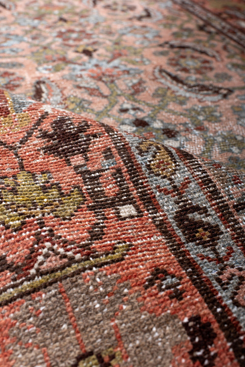 3' x 6' one-of-a-kind handmade antique Hamadan small size rug. Color palette: rose, terra cotta, sky blue, ivory, olive
