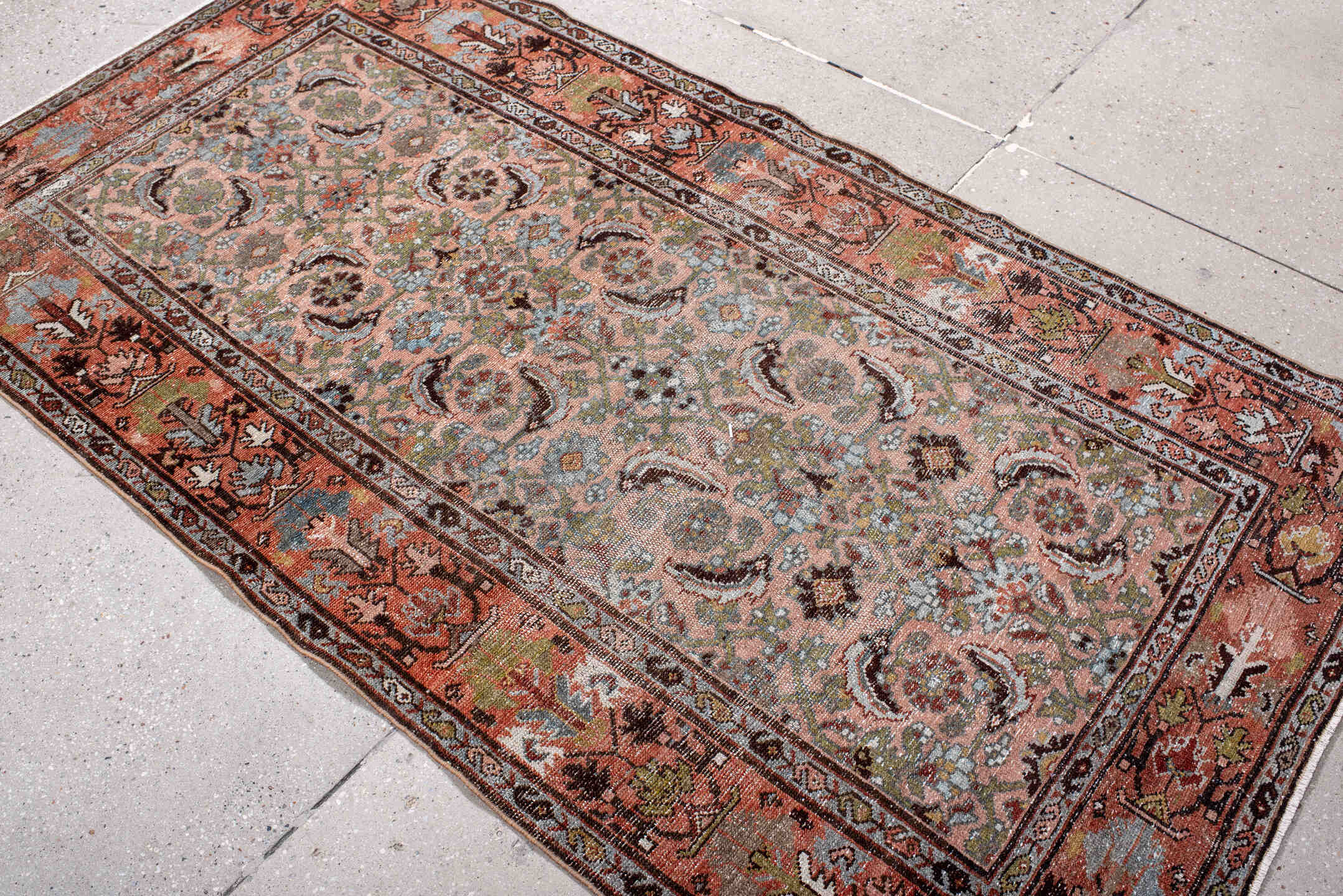 3' x 6' one-of-a-kind handmade antique Hamadan small size rug. Color palette: rose, terra cotta, sky blue, ivory, olive