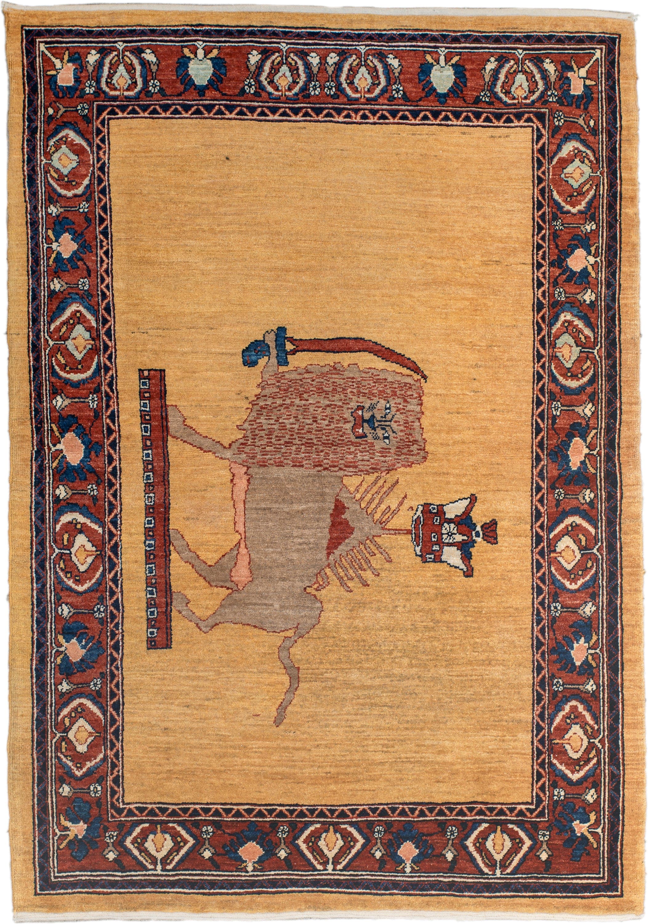 3' x 5' one-of-a-kind handmade vintage  small size rug. Color palette: camel, rust, navy, ivory, taupe, rose, sienna, beige