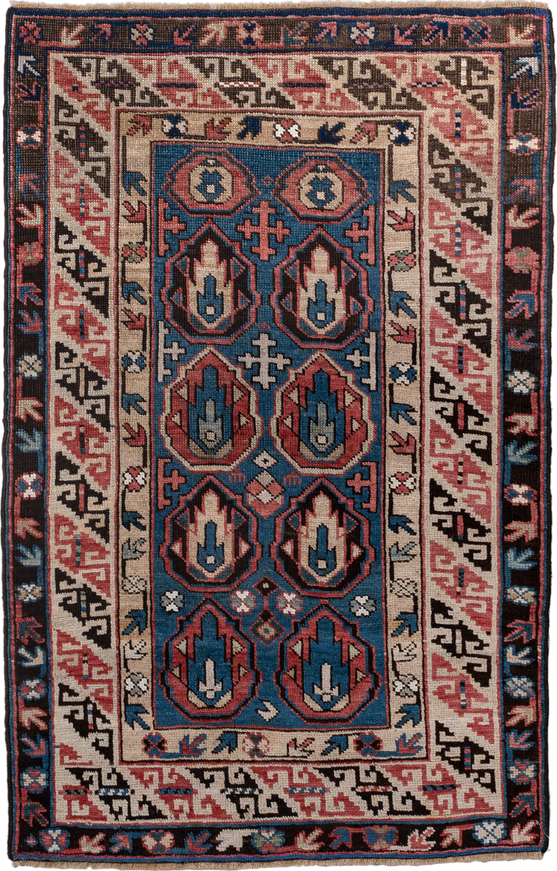 2' x 4' one-of-a-kind handmade vintage Caucasian small size rug. Color palette: blue, ivory, rust, brown, navy, pink, black