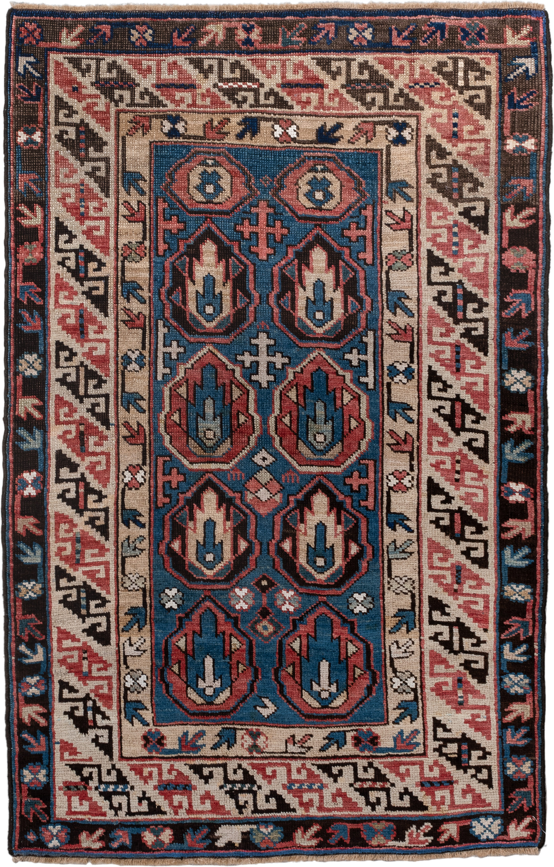 2' x 4' one-of-a-kind handmade vintage Caucasian small size rug. Color palette: blue, ivory, rust, brown, navy, pink, black