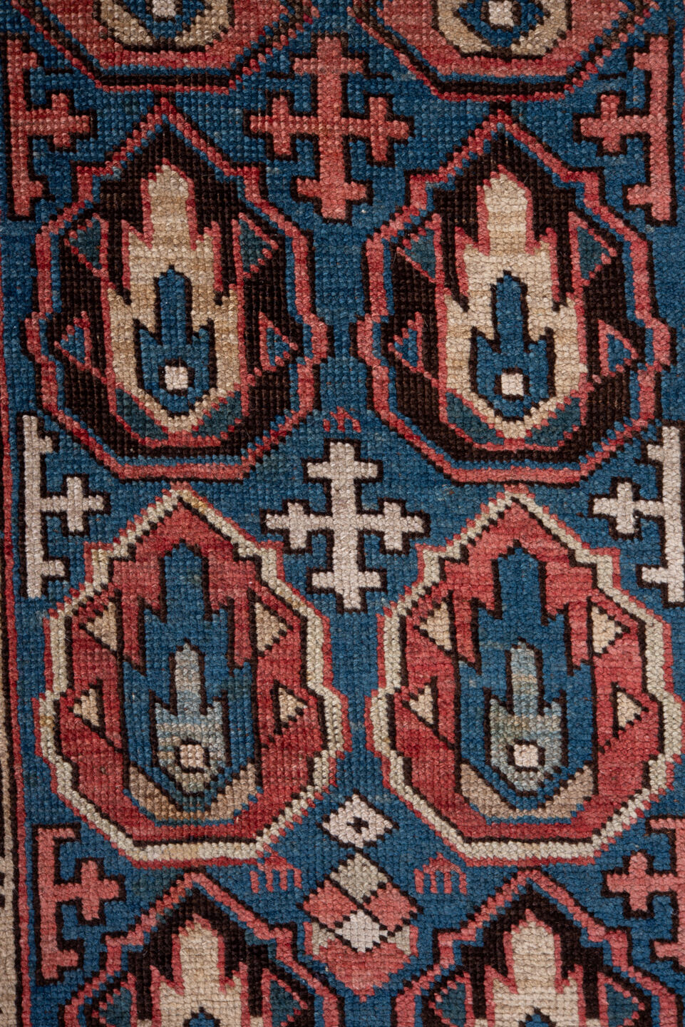 2' x 4' one-of-a-kind handmade vintage Caucasian small size rug. Color palette: blue, ivory, rust, brown, navy, pink, black