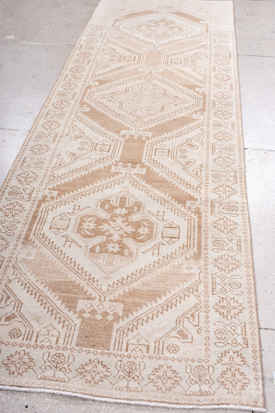 3' x 10' one-of-a-kind handmade vintage Sarab runner rug. Color palette: antiquewhite, brown, gainsboro, gray, light gray