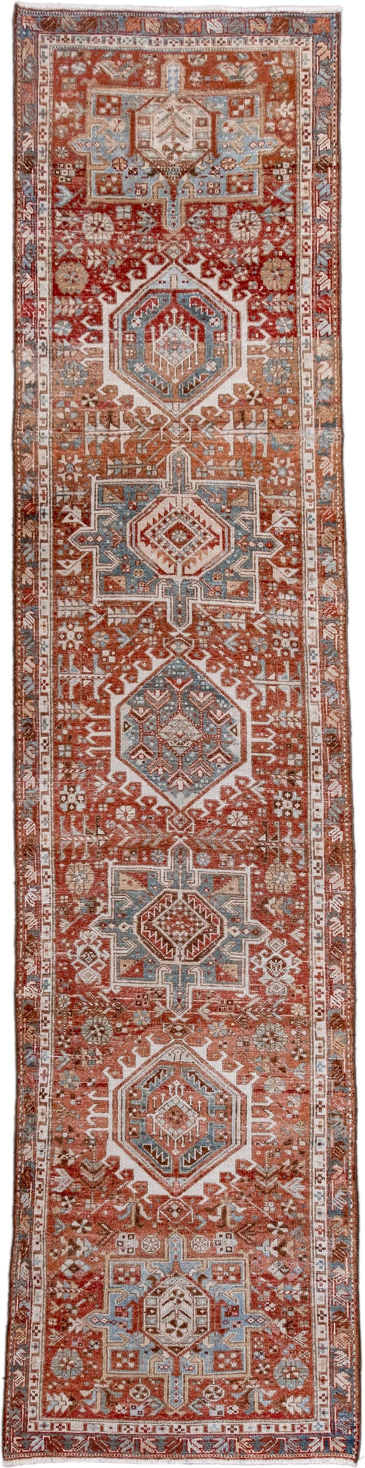 2' x 10' one-of-a-kind handmade antique Karaje runner rug. Color palette: rust, ivory, sky_blue, terra_cotta, camel, slate