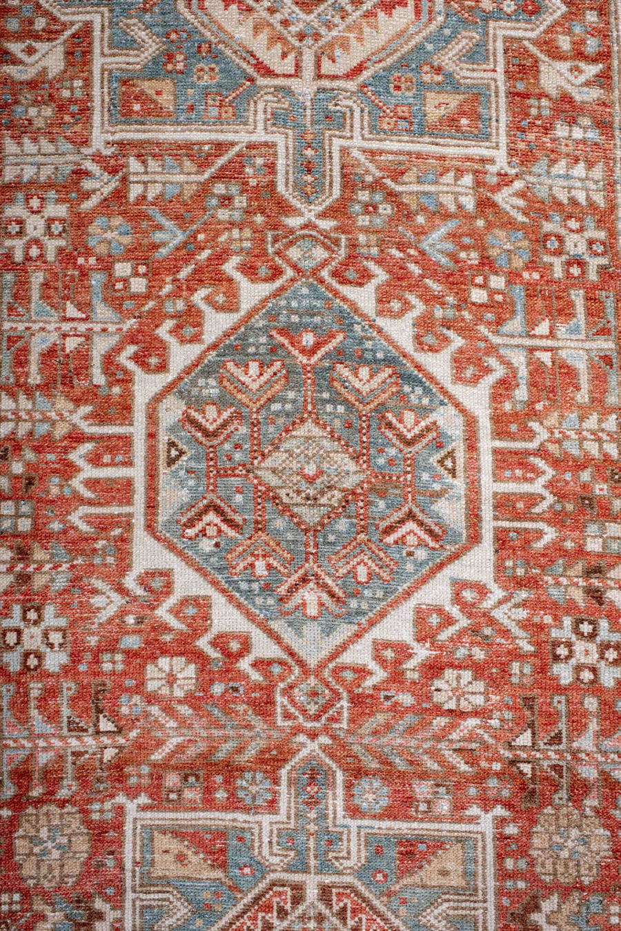 2' x 10' one-of-a-kind handmade antique Karaje runner rug. Color palette: rust, ivory, sky_blue, terra_cotta, camel, slate