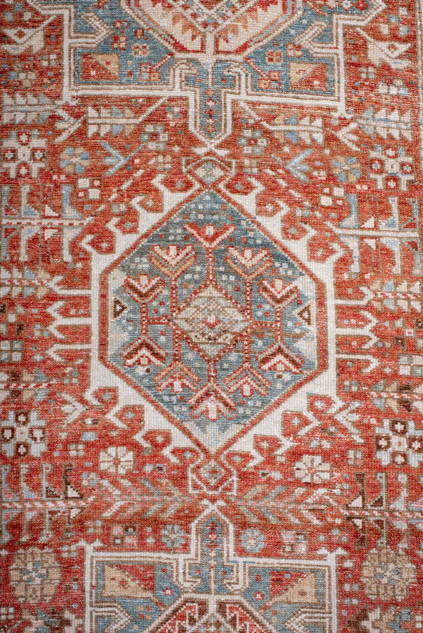 2' x 10' one-of-a-kind handmade antique Karaje runner rug. Color palette: rust, ivory, sky_blue, terra_cotta, camel, slate