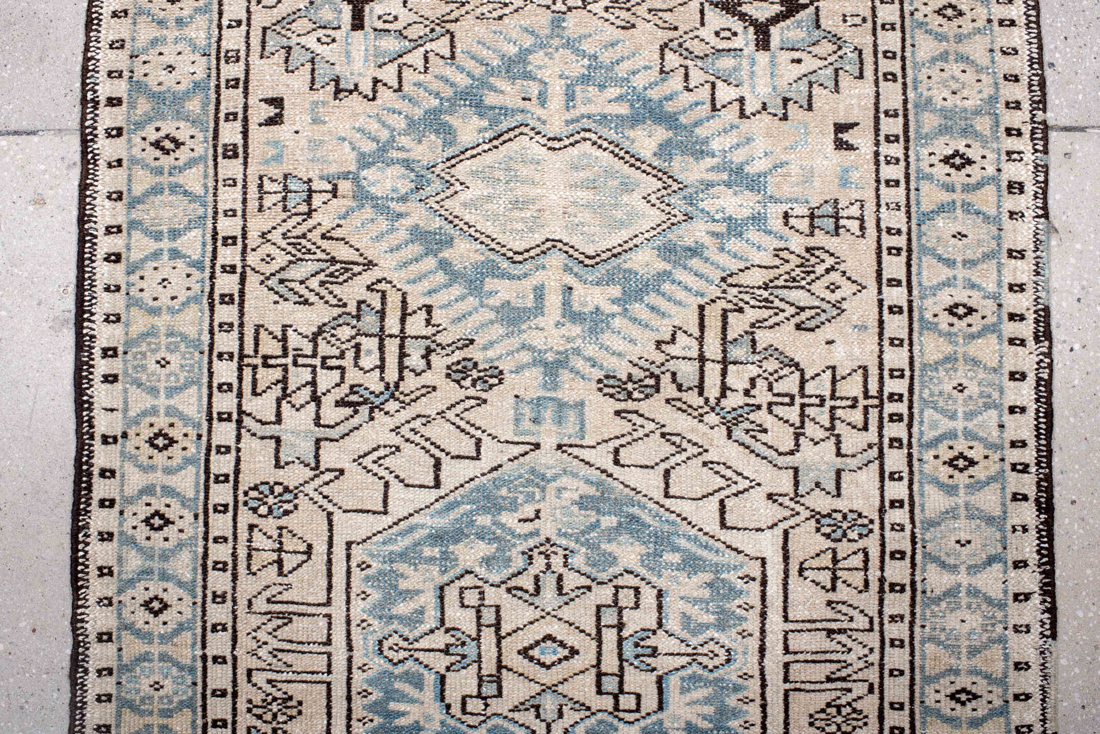 3' x 11' one-of-a-kind handmade vintage Karaje runner rug. Color palette: antiquewhite, black, brown, dark gray, dim gray