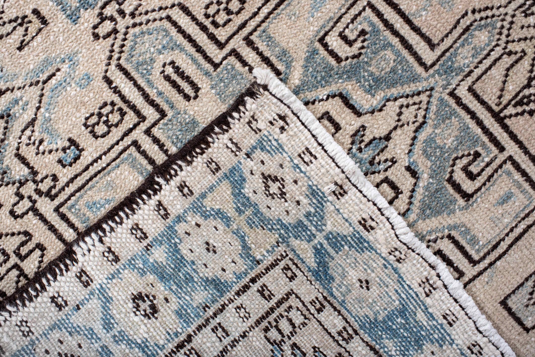 3' x 11' one-of-a-kind handmade vintage Karaje runner rug. Color palette: antiquewhite, black, brown, dark gray, dim gray