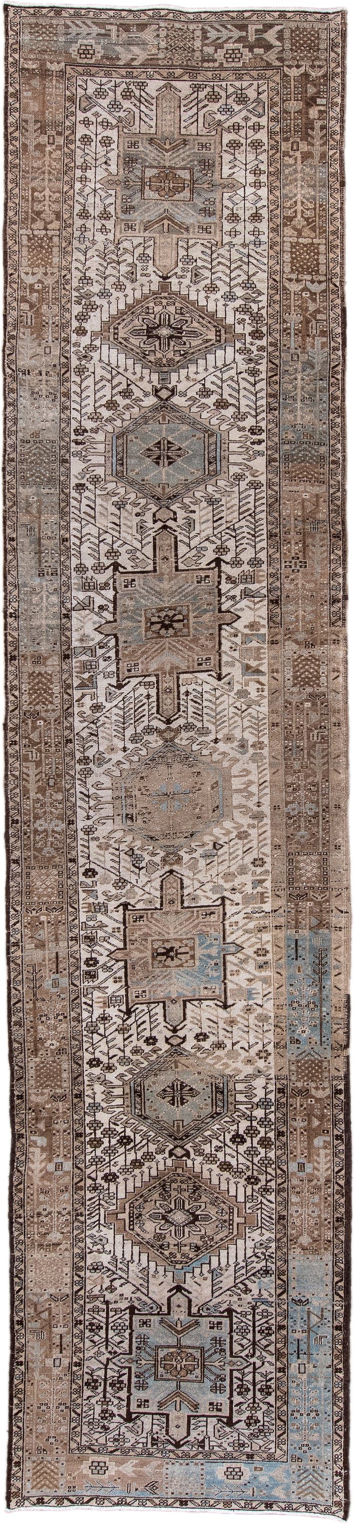 3' x 14' one-of-a-kind handmade antique Heriz runner rug. Color palette: ivory, taupe, camel, brown, sky_blue, beige, gray